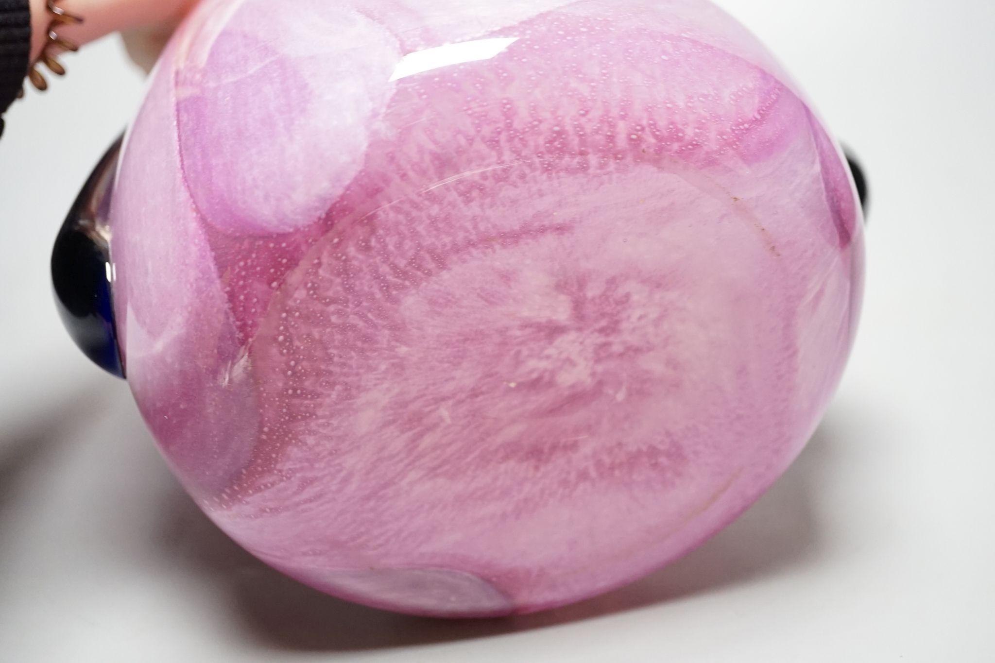 Elizabeth Graydon-Stannus, an unusual mottled pink and purple glass vase, circa 1930, of flattened pear form with applied blue lug handles, etched 'Gray-Stan' to base, 44cm high
